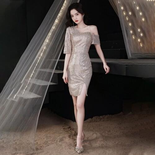 Half Sleeves Prom Dress Elegant Sequins Simple Knee-Length Mermaid New Zipper Back Sexy Plus size Women Formal Party Gown C840