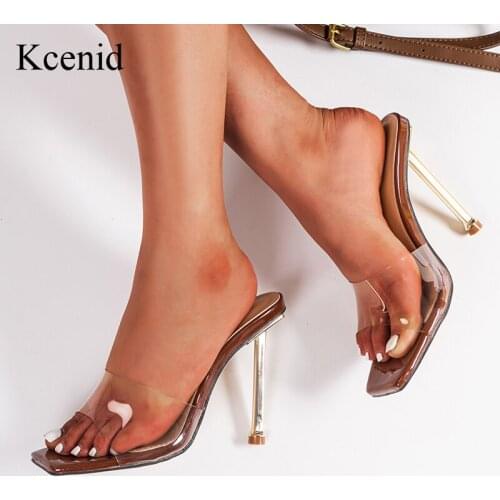 Kcenid Big Shoes Size 42 Summer Transparent PVC Slippers Open Toe High Heels Women Slides Shoes Metal Heel Sandals Brown White