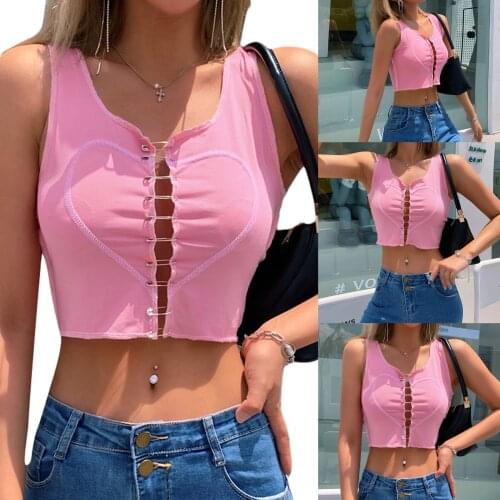 Hollowed Safety Pin Connect Heart Pattern Tank Top Womens Solid Color Crop Tops Sleeveless Front Short Female Clothes