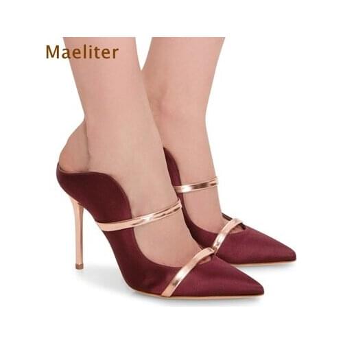 Hot Selling Women Gorgeous Gold Heels Slippers Thin High Heel Pointed Toe Satin Fabric Dress Shoes Straps Patchwork Pumps Shoes