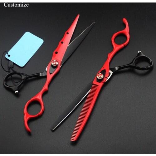 Customize logo japan 440c 7 '' red hair salon scissors cutting barber makas cut scissor Thinning shears hairdressing scissors