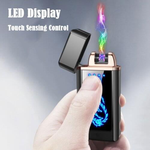 Cool USB Rechargeable Lighter Touch Sensor Double Arc Electric Lighter LED Blue Light Pattern Dropship Supplie Gadgets For Men