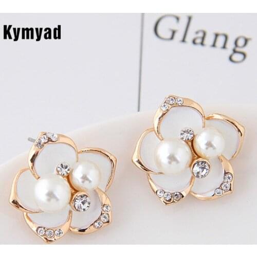 Kymyad Brincos Gold Color Flower Stud Earrings For Women Bijoux Imitation Pearl Earings Czech Crystal Earings Fashion Jewelry