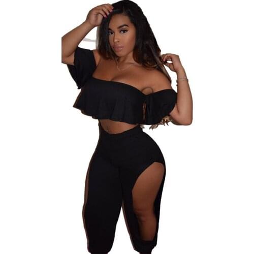 Night Club Women Two Piece Sets Ruffles Slash Neck Short Puff Sleeves Crop Top + Hollow Out Cargo Pants High Waist 2021 Spring