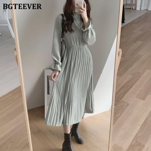 BGTEEVER Elegant Stand Collar Flare Sleeve Women A-line Dress Chiffon Midi Dress Female Elastic Waist Pleated Vestidos 2020