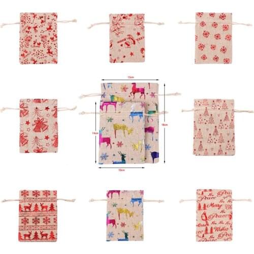 10pcs 10x14 13x18cm Color Printing Elk Burlap Bags Christmas Gift Jewelry Bags Wedding Party Decoration Drawer Bag Sachet Bag Yx