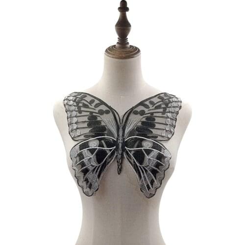 Large Butterfly Embroidery Patch Silver/Black Butterfly Sew On Patch DIY Embroidered Applique for Decoration Clothing Accessory