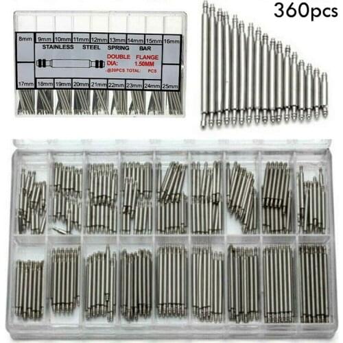 360pcs Watch Strap Pins Spring Bars 8-25mm Stainless Steel Watch Band Link Pins Bar Assorted Kit Watch Repair Watchmaker Tools