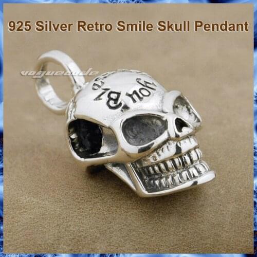 925 Sterling Silver Retro Smile Skull Pendant Cool Mens Punk Rock Knight Individuality Pendant Necklace 8Q011