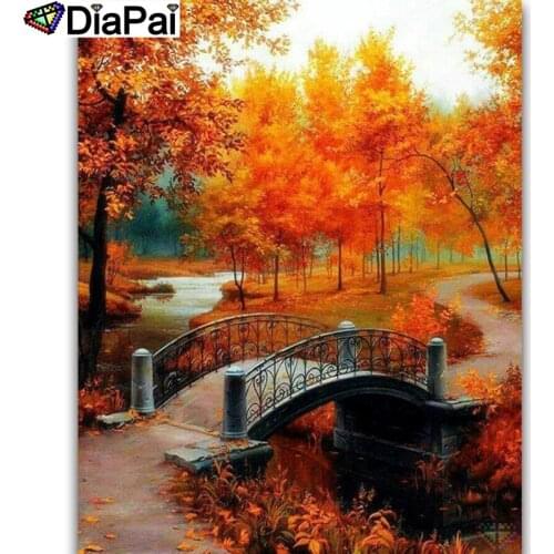 DIAPAI Full Diamond Embroidery "Red tree bridge" Diamond Painting Cross Stitch Patterns Rhinestone Unfinished Home Decor A25683