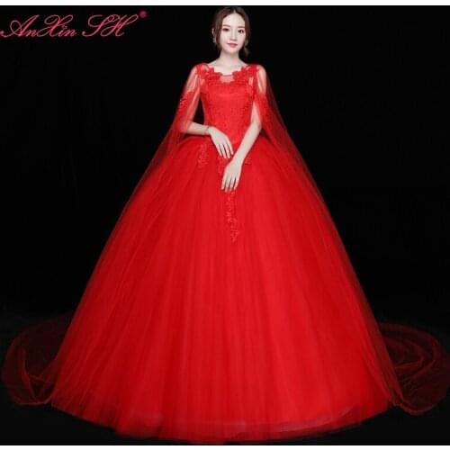 AXJFU Flower princess red lace wedding dress vintage o neck illusion sleeveless with lace Shawl party bride red wedding dress