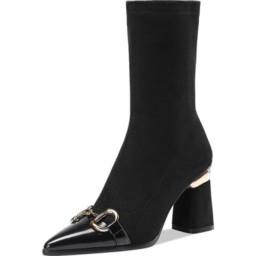 Pointed Toe Ankle Boots Shoes Woman Socks Boots Metal Buckle Stretch Fabric Elastic Stilettos Heel Women Boats Plus Size