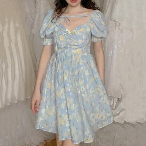 French Kawaii Sweet Dress Women Short Sleeve Lace-up Elegant Dress Floral Design Party Fairy Dress 2021 Summer Sexy