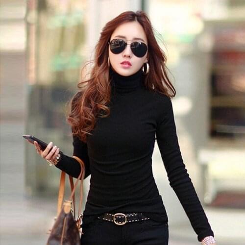 New Spring Long Sleeve Solid Turtleneck T-shirt Women High Stretch Slim Tops Autumn Skinny Basic Bottoming T shirt Tight Tops 11