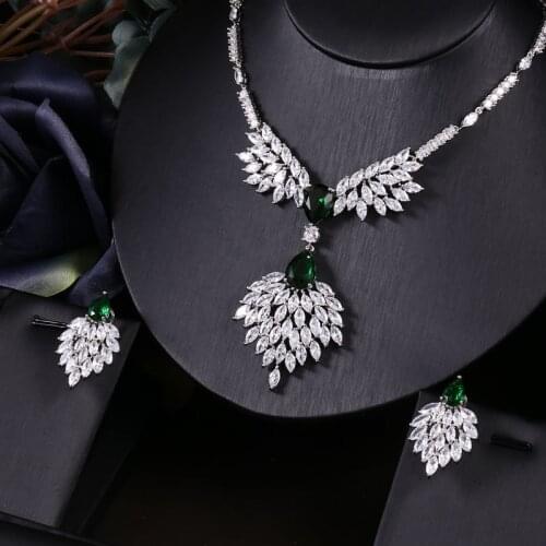 Janekelly A560 Green trendy Wedding Necklace Earrings set For Women Cubic Zirconia Bridal Jewelry Sets pendientes mujer moda