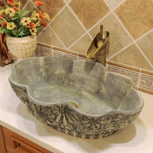 Chinese Ceramic Art Basin Sink Counter Top Wash Basin Bathroom Vessel Sinks bathroom ceramic hand wash basin oval gray