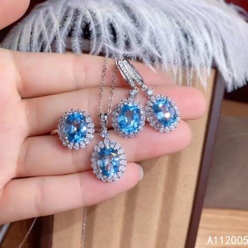 KJJEAXCMY Fine Jewelry 925 Sterling Silver Inlaid Natural Blue Topaz Female Ring Pendant Earring Set Elegant Supports Test