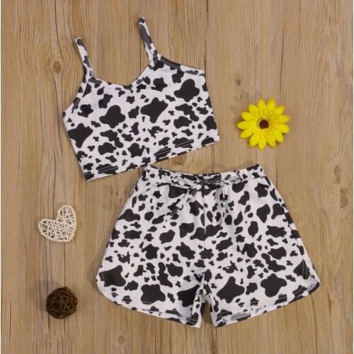 2pcs Kids Suit Set Summer Leopard Print V-Neck Sleeveless Short Vest Tops Short Pants Childrens Sets 1-7 Years