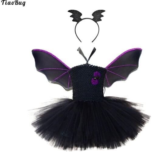 Black 3Pcs Kids Girls Bat Cosplay Performance Carnival Halloween Costumes Straps Mesh Tutu Dress With Hair Hoop And Wings Set