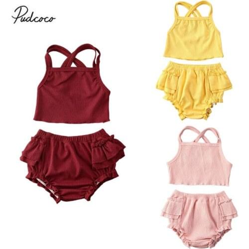 2020 3 Colors 0-24M Summer Infant Baby Girls Boys Clothes Cotton 2pcs Ruffles Solid Sleeveless Belt Vest Tops+Shorts Outfits