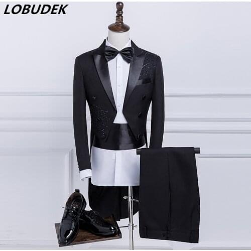 Mens Tuxedo Suits Black Crystals Tailing blazers costume Prom singer dancer stage perferformance suit Host Swallowtail Magician