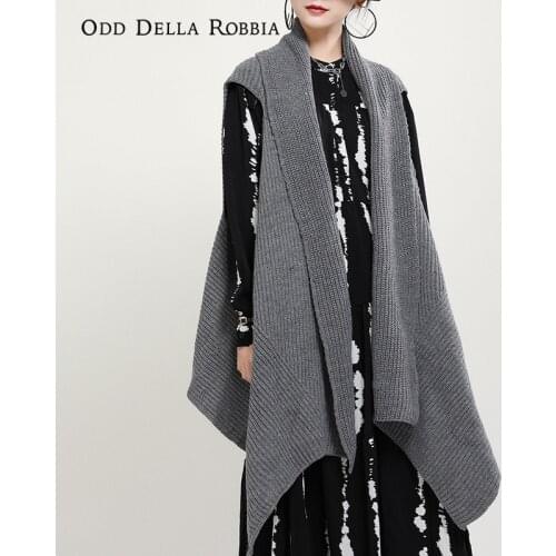OddDellaRobbia Autumn Winter Women Outer Wear Irregular Cloak Shawl Knitted Sweater Mid-Length Sleeveless Sweater Lazy Wind 1663