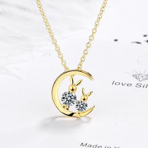 925 Sterling Silver Lovely Moon Cat Necklaces Pendant Clavicle Chain Gold Zircon Necklace Jewelry For Women S-N480