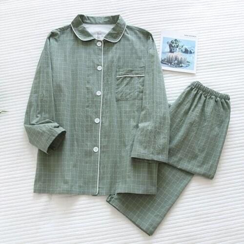 Couple Thin Cotton Pajamas Long-sleeved Plaid Sleepwear Simple Men and Women Home Clothes Two Piece Set Spring Loungewear 2021