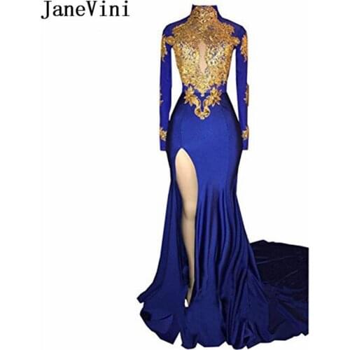 JaneVini African High Neck Mermaid Bridesmaid Dresses Long 2018 Royal Blue Formal Prom Dress Split Gold Lace Wedding Party Gown
