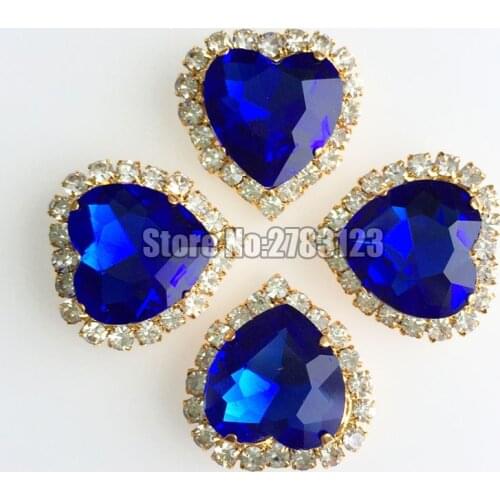 Royalblue 12mm 10pcs/20pcs high quality heart Glass Crystal buckle, gold base sew on rhinestones,diy/clothing accessories SKHJ11