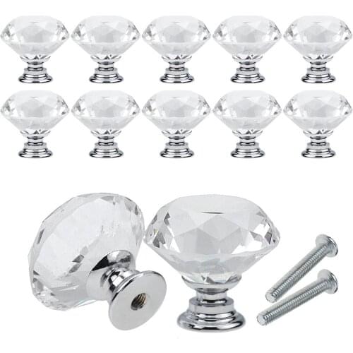10Pcs/set 30mm Diamond Shape Design Crystal Glass Knobs Cupboard Drawer Pull Kitchen Cabinet Door Wardrobe Handles Hardware