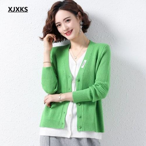 XJXKS 2021 spring autumn new fashion V-neck women cardigan high-quality wool knitted sweater women jacket