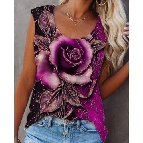 Womens Summer T Shirt Vest Tops Fashion Rose Print Casual Loose O Neck Sleeveless Ladies Tops 2021 Fashion Women 5XL T Shirt