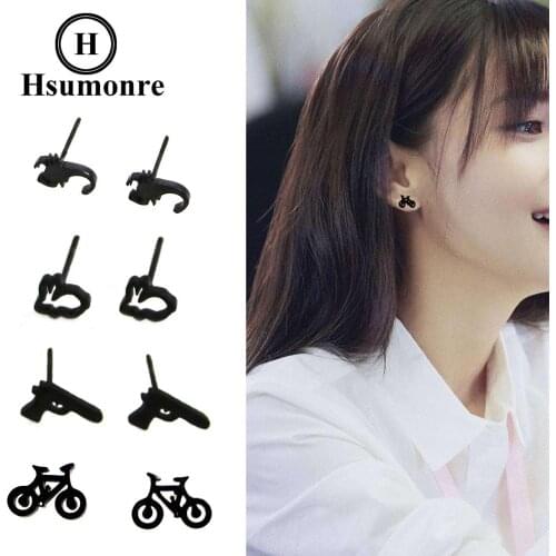 Women Black Rabbit Stud Earrings Set Gun Earrings Motorcycle Ear Stud Scorpion Ear Titanium Steel Piercing Jewelry 1 PAIR