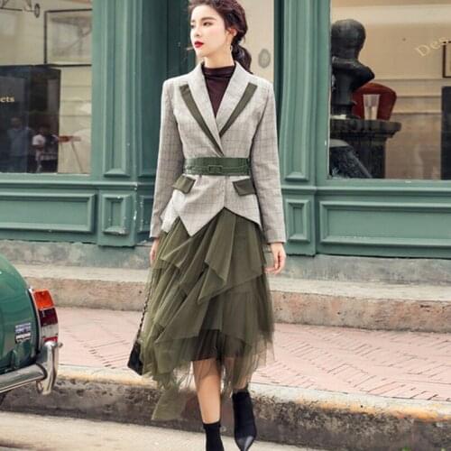 Runway Elegant Two Piece Set Autumn Women Hit Color Plaid Blazer With PU Belt + Green Mesh Long Irregular Skirts Set
