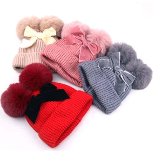 Winter Baby Hat Cap With Cute Bow Pom Pom Knitted Baby Girl Boy Hats Thick Warm Kids Beanie Hat Bonnet Soft Children Cap