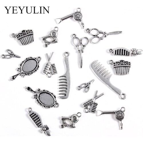 20pcs/lot Vintage Metal Charms Retro Mirror Hairdryer Scissors Comb Pendant For Jewelry Making DIY Handmade Jewelry Accessories