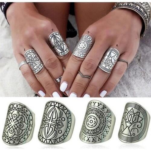 4PCS/Set Ethnic Carving Tibetan Antique Silver Plated Ring Set For Women Boho Beach Jewelry Bohemia Vintage Rings Set