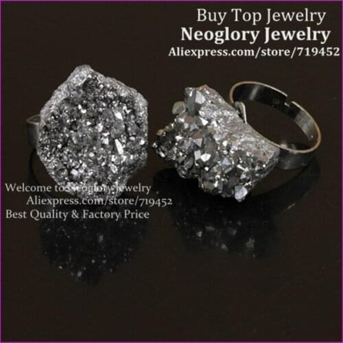 5pcs Silver Quartz Titanium druzy Ring Silver Bezel Ring Unique Semi Precious Crystal Quartz Druzy Ring Gems Drusy Glass Ring