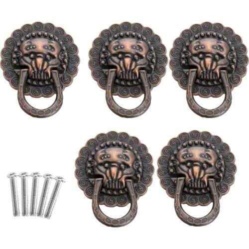 5pcs Vintage Furniture Handles Lion Head Cabinet Knobs and Handles Antique Door Drawer Pull Handle Knob Ring 29*37mm