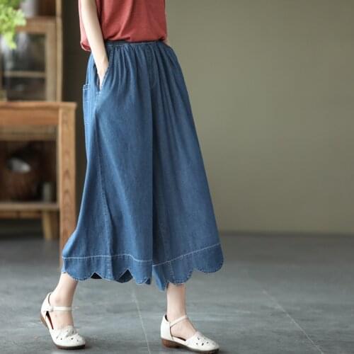 21New Women Pants Summer Office Lady Style Solid Color Loose Washed Bleached Lacework Pockets Female Calf-Length Wide Leg Pant