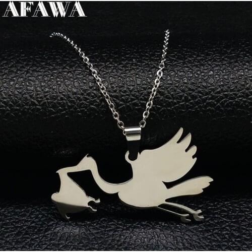 2021 Stork send Kid Stainless Steel Chain Necklace for Women Silver Color Statement Necklace Jewelery collares mujer N182345