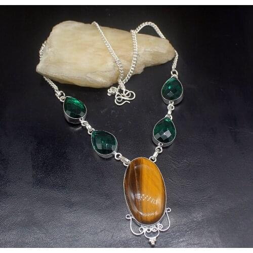 Gemstonefactory Jewelry Big Promotion 925 Silver Tigers Eye Green Topaz Amazing Ladies Women Chain Necklace 44cm 20213523