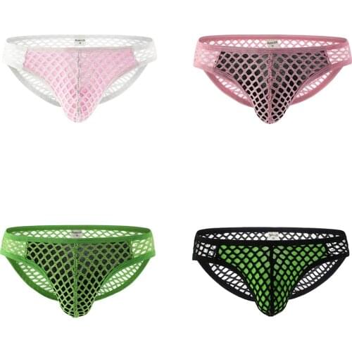 Breathable Fishnet Brief Panties Men Exotic Lingerie Low Waist See-Through Hollow Out Contrast Bulge Pouch Underpants Underwear