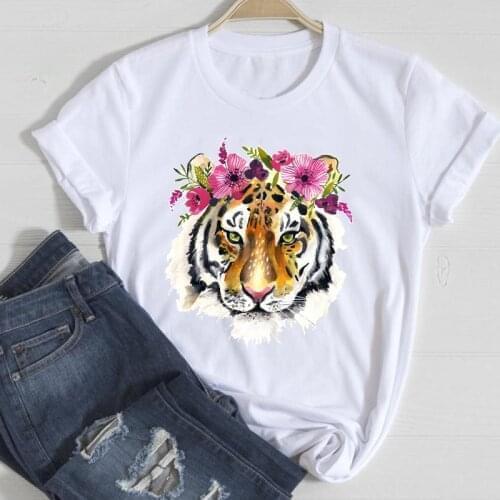 T-shirts Women Cartoon Flower Animal Face Cute 2021 Spring Summer Clothes Graphic Tshirt Top Lady Print Female Tee T-Shirt
