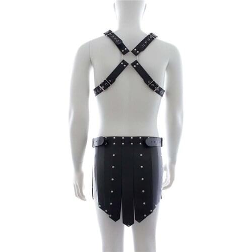 Masculine Fantasy Costume Mens Chest Harness with Barbarian Hula Skirt Male Role Play Playsuit Fetish Costume
