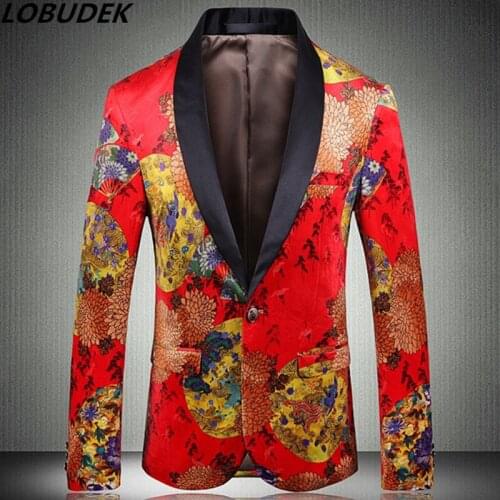 Luxury Men Blazer British Style Wedding Party Blazers Velveteen Red Vintage Pattern Single Breasted Slim Fit Blazer Jackets
