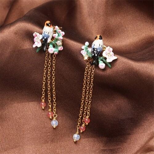 New product romantic flower series song bird tit bird stud earring dangl eearrings hand-painted enamel glaze niche earrings