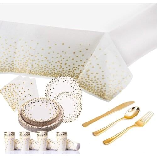 Gold Polka Dot Stamping Disposable Tableware Paper Plate Cup Straw Napkins Birthday Party Decoration Kids Adult Wedding Party