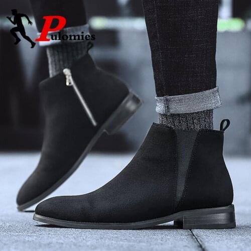 PULOMIES Chelsea Men Suede Ankle Boots Dress Shoes Brogue Buckle Strap Flats Male Casual Shoes Footwear Loafers Nightclub Boots